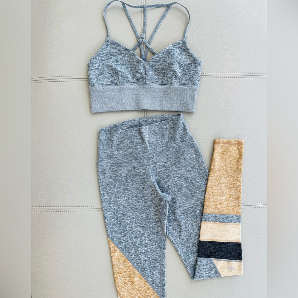 NWOT ALO Yoga Alosoft 2-Piece SET MED Bra Top + XXS Legging in Blue-Gray Heather - Picture 2 of 16